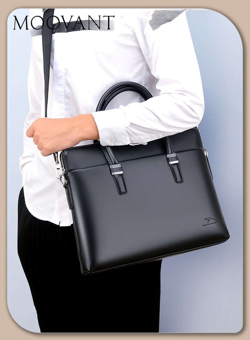 Moovant Briefcases for Men, 13 Inch Laptop Bag, Leather Satchel Bag, Business Casual Men's Bag, Smooth PU Leather, for Daily, Office, Work, Travel, Black - Image 1