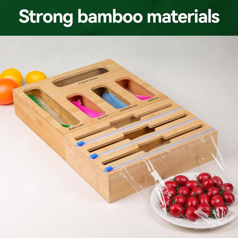 LDQ 9-in-1 Shatterproof Square Bamboo Storage Box - Aluminum Foil Dispensr with Cutter, Reusable Quarter Multi-Functional Sealed Bag Organizer for Kitchen Drawers, Walls, and Cabinetse - Image 5