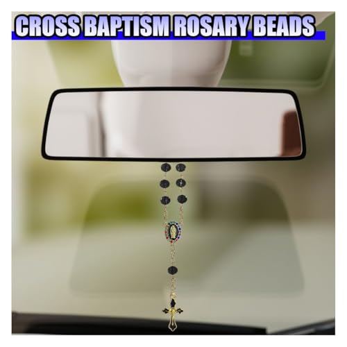 Tuxihapp Car Rosary for Rearview Mirror Hanging, Crucifix Cross Mirror Blessing Pendant with Virgin Mary Charm, Religious Car Interior Hanging Decoration Presents Accessories for Women Men(Black) - Image 4