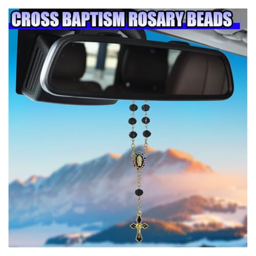 Tuxihapp Car Rosary for Rearview Mirror Hanging, Crucifix Cross Mirror Blessing Pendant with Virgin Mary Charm, Religious Car Interior Hanging Decoration Presents Accessories for Women Men(Black) - Image 3