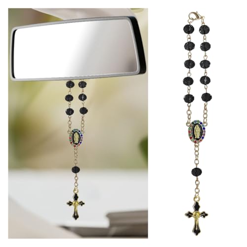 Tuxihapp Car Rosary for Rearview Mirror Hanging, Crucifix Cross Mirror Blessing Pendant with Virgin Mary Charm, Religious Car Interior Hanging Decoration Presents Accessories for Women Men(Black) - Image 1