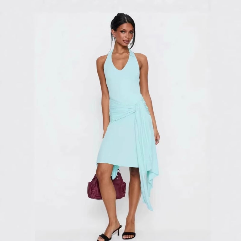 2026 Summer Halter Neck Asymmetrical Mini Skirt Chocolate Brown Spicy Girl Dress - Image 3
