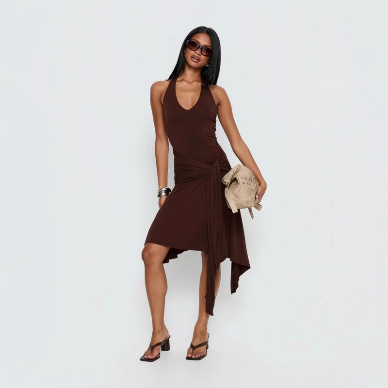 2026 Summer Halter Neck Asymmetrical Mini Skirt Chocolate Brown Spicy Girl Dress - Image 5