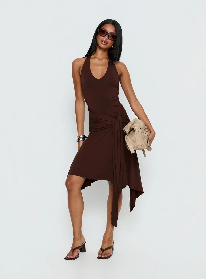 2026 Summer Halter Neck Asymmetrical Mini Skirt Chocolate Brown Spicy Girl Dress - Image 1