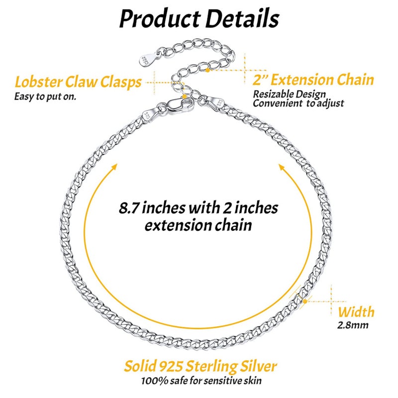 ChicSilver 925 Sterling Silver Ankle Bracelets for Women Men 2.8mm Curb Cuban Chain Anklet Simple Dainty Boho Beach Barefoot Jewelry - Image 5