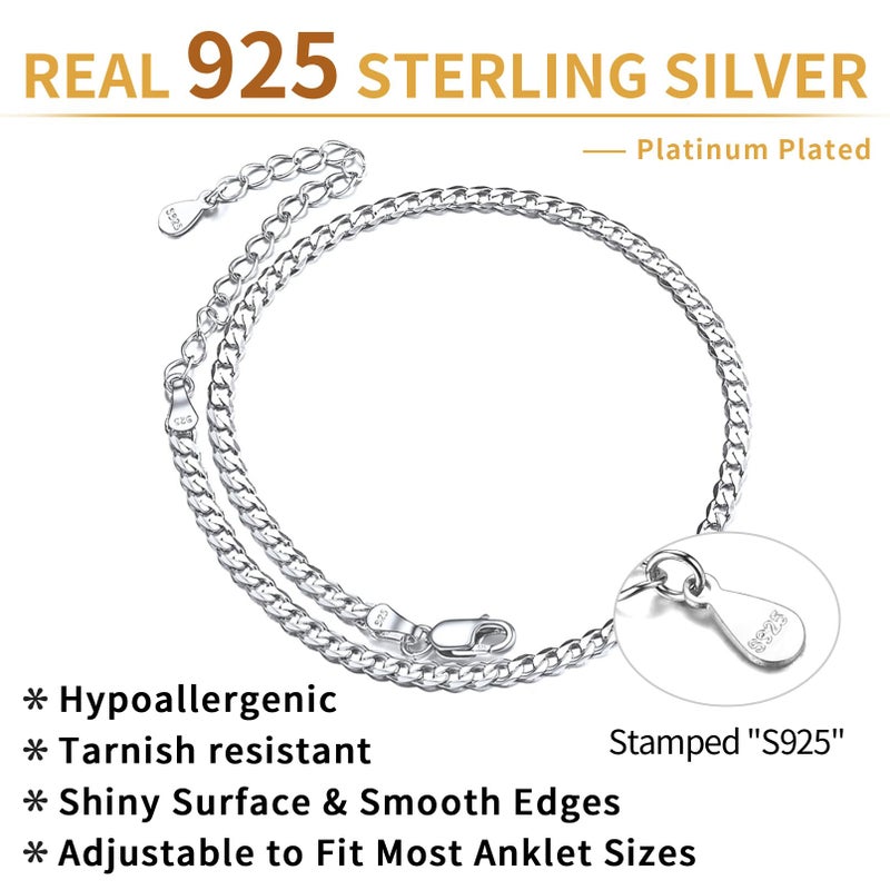 ChicSilver 925 Sterling Silver Ankle Bracelets for Women Men 2.8mm Curb Cuban Chain Anklet Simple Dainty Boho Beach Barefoot Jewelry - Image 2