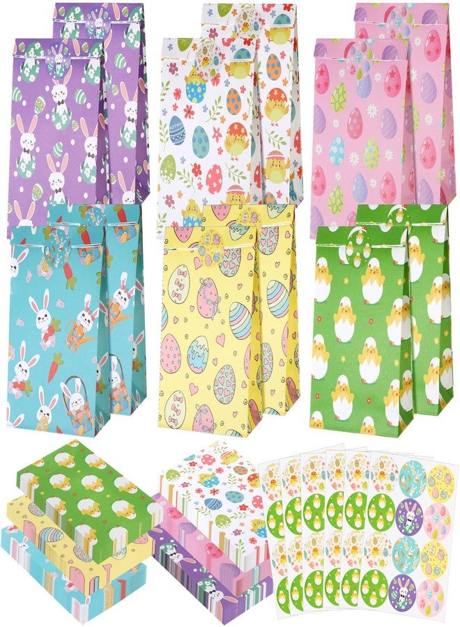 Noveread 120 Pcs Easter Treat Bags with Stickers Easter Paper Bags Bulk Party Favor Bunny Egg Chick Printing Gift Wrap Candy Goodie for Spring Wedding Birthday Party Favor, 6 Styles - Image 1