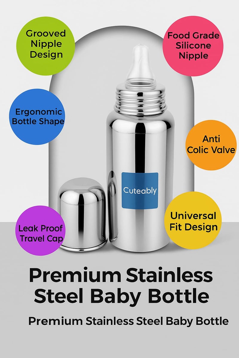 CUTEABLY Stainless Steel Baby Bottles | Anti-Colic Wide Mouth Bottle for Newborn & Kids | Rust-Free, BPA-Free (200 ML) - Image 2