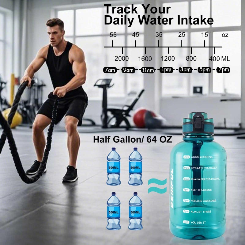 GEMFUL 64oz Motivational Water Bottle with Handle 2L Large Sports Jug for Gym Fitness Time Marker No Straw Leak Proof BPA Free (Cyan) - Image 2