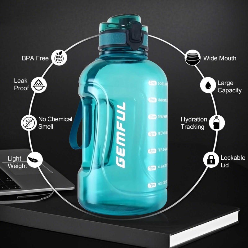 GEMFUL 64oz Motivational Water Bottle with Handle 2L Large Sports Jug for Gym Fitness Time Marker No Straw Leak Proof BPA Free (Cyan) - Image 4