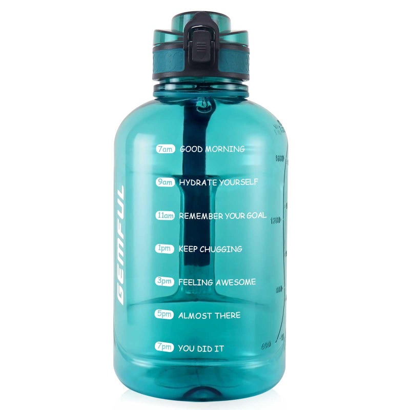 GEMFUL 64oz Motivational Water Bottle with Handle 2L Large Sports Jug for Gym Fitness Time Marker No Straw Leak Proof BPA Free (Cyan) - Image 1