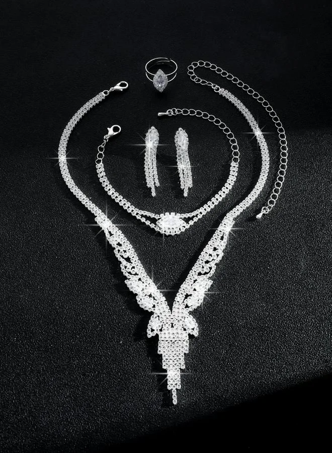 تايك تو طقم مجوهرات قلادة وأقراط وخاتم وسوار مزين بشرابات وأحجار الراين 4 قطع