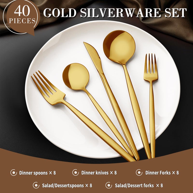 CEKEE Gold Silverware Set, 40 Piece Gold Utensils Set Service for 8, Stainless Steel Flatware Set Include Knives Spoons and Forks Cutlery Set for Kitchen Home Restaurant Wedding, Satin Finish - Image 2