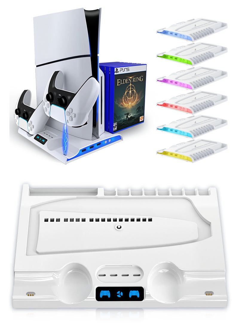 قواعد PS5/PS5 سليم ومحطة تبريد مع محطة شحن مزدوجة لأجهزة التحكم لجهاز PS5 سليم (أقراص/رقمي)، ملحقات PS5 - مروحة تبريد، إضاءة LED RGB، 8 فتحة ألعاب لجهاز بلاي ستيشن 5 - Image 1