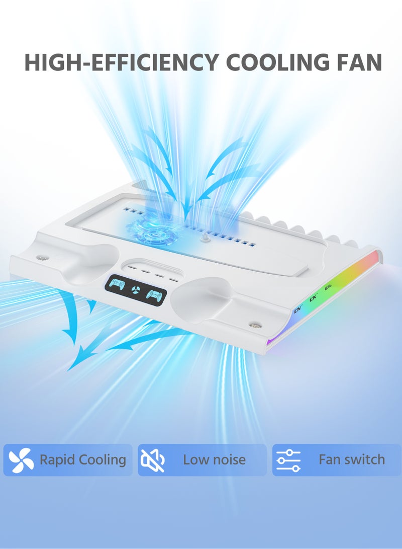 قواعد PS5/PS5 سليم ومحطة تبريد مع محطة شحن مزدوجة لأجهزة التحكم لجهاز PS5 سليم (أقراص/رقمي)، ملحقات PS5 - مروحة تبريد، إضاءة LED RGB، 8 فتحة ألعاب لجهاز بلاي ستيشن 5 - Image 2