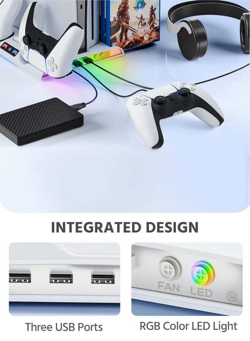 قواعد PS5/PS5 سليم ومحطة تبريد مع محطة شحن مزدوجة لأجهزة التحكم لجهاز PS5 سليم (أقراص/رقمي)، ملحقات PS5 - مروحة تبريد، إضاءة LED RGB، 8 فتحة ألعاب لجهاز بلاي ستيشن 5 - Image 4