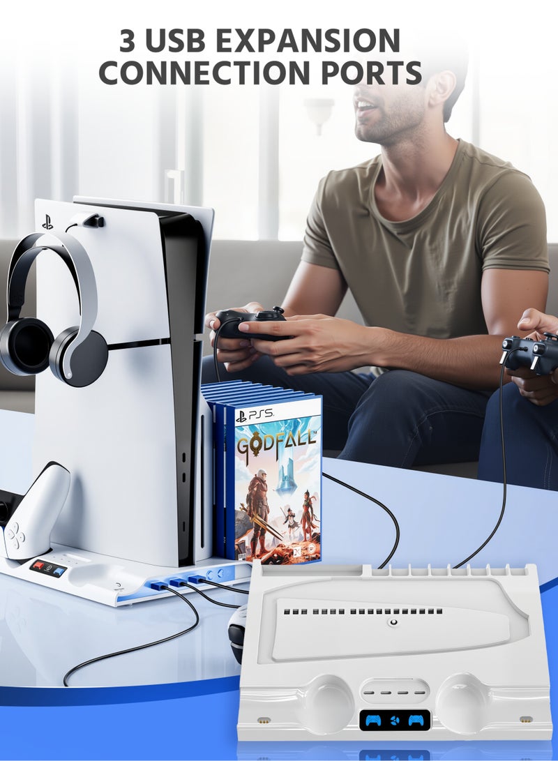 قواعد PS5/PS5 سليم ومحطة تبريد مع محطة شحن مزدوجة لأجهزة التحكم لجهاز PS5 سليم (أقراص/رقمي)، ملحقات PS5 - مروحة تبريد، إضاءة LED RGB، 8 فتحة ألعاب لجهاز بلاي ستيشن 5 - Image 3
