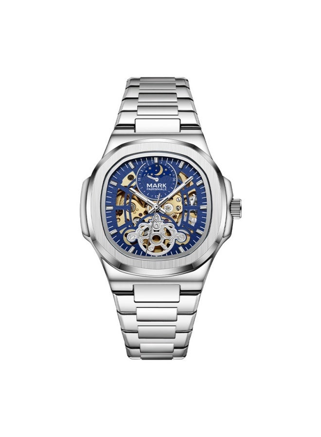 Mark Fairwhale Men's Nautical Style Automatic Mechanical Watch - Silver Case, Blue Dial & Silver Steel Bracelet - Image 1