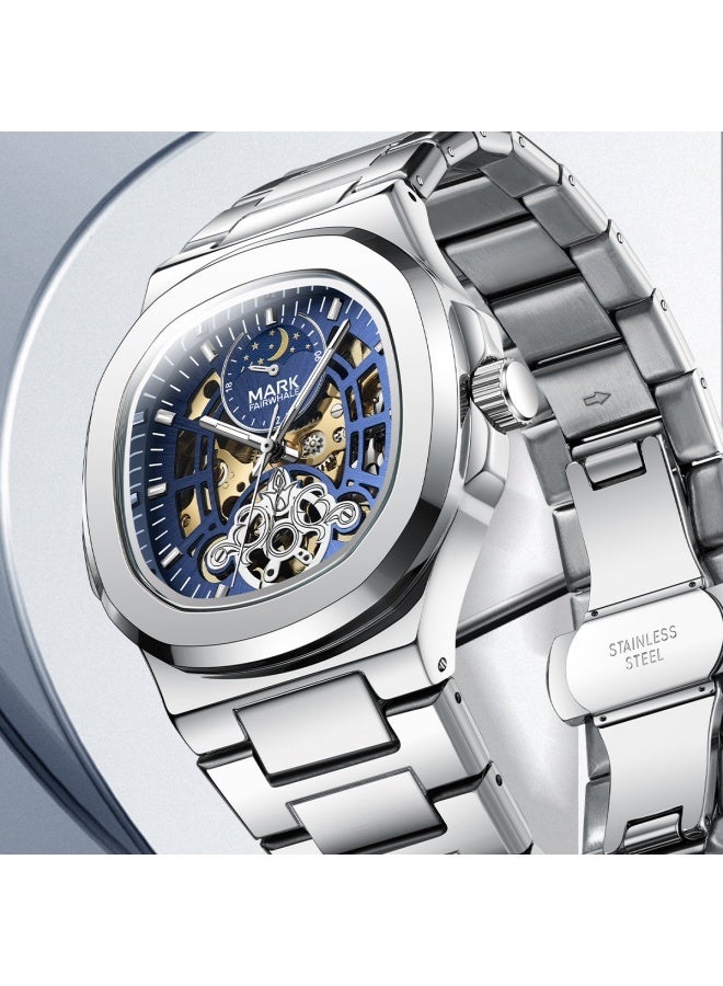 Mark Fairwhale Men's Nautical Style Automatic Mechanical Watch - Silver Case, Blue Dial & Silver Steel Bracelet - Image 2