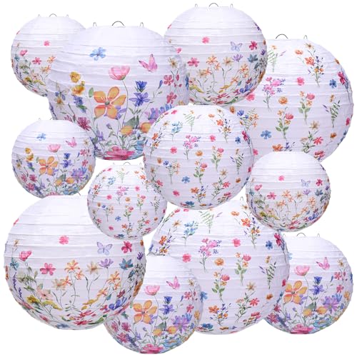 Riakrum 12 Pcs Wildflower Paper Lanterns Party Decoration 3 Styles Watercolor Floral Hanging Chinese Round Lanterns for Baby in Bloom Baby Shower Wedding Birthday Summer Garden Tea Party Outdoor Decor - Image 1