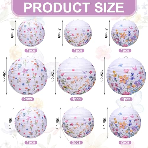 Riakrum 12 Pcs Wildflower Paper Lanterns Party Decoration 3 Styles Watercolor Floral Hanging Chinese Round Lanterns for Baby in Bloom Baby Shower Wedding Birthday Summer Garden Tea Party Outdoor Decor - Image 3