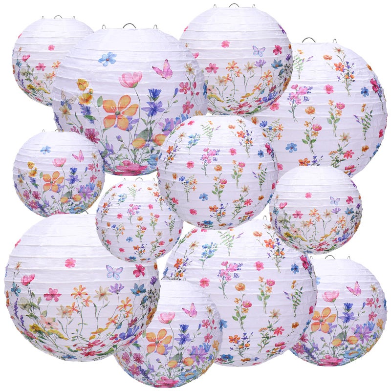 Riakrum 12 Pcs Wildflower Paper Lanterns Party Decoration 3 Styles Watercolor Floral Hanging Chinese Round Lanterns for Baby in Bloom Baby Shower Wedding Birthday Summer Garden Tea Party Outdoor Decor - Image 2