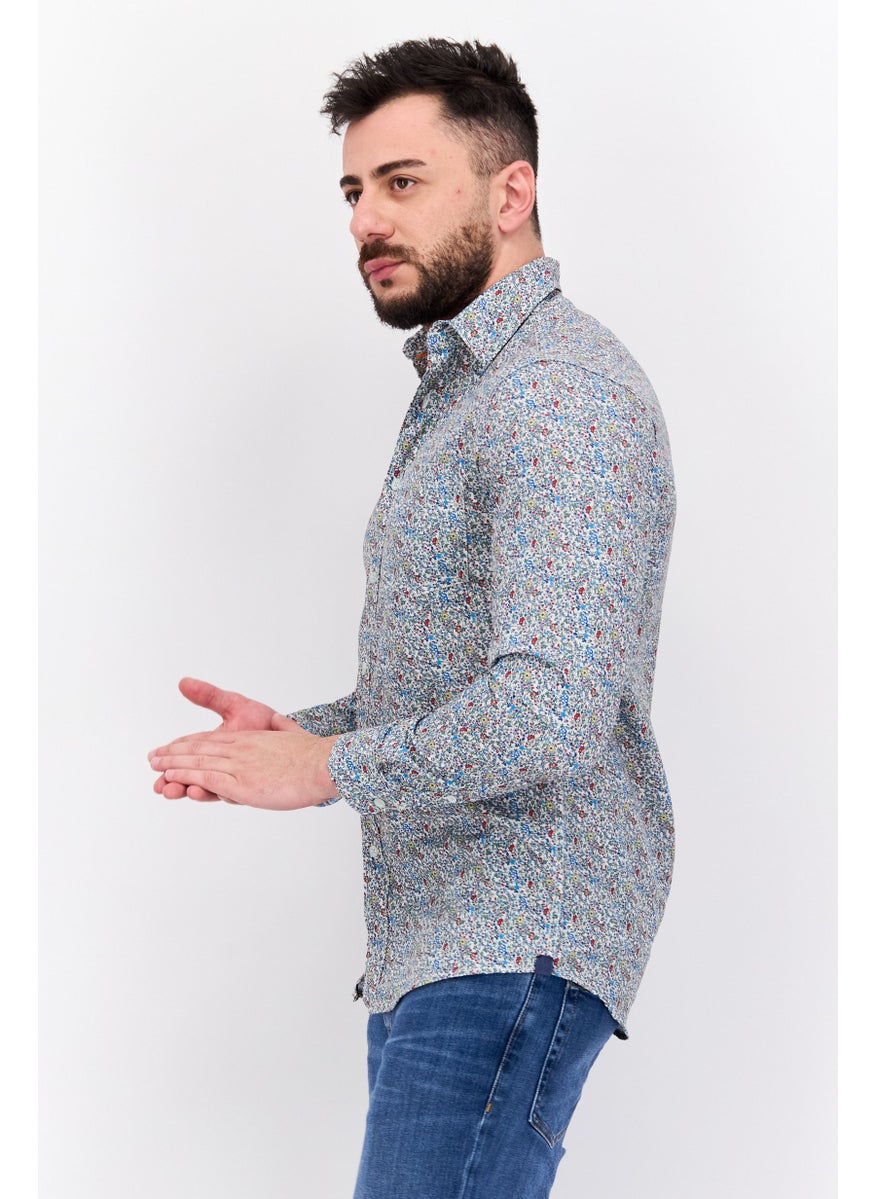 Vintage 1946 Men Regular Fit Allover Print Long Sleeve Casual Shirt, White  - Image 3
