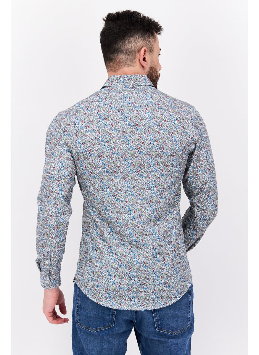 Vintage 1946 Men Regular Fit Allover Print Long Sleeve Casual Shirt, White  - Image 4