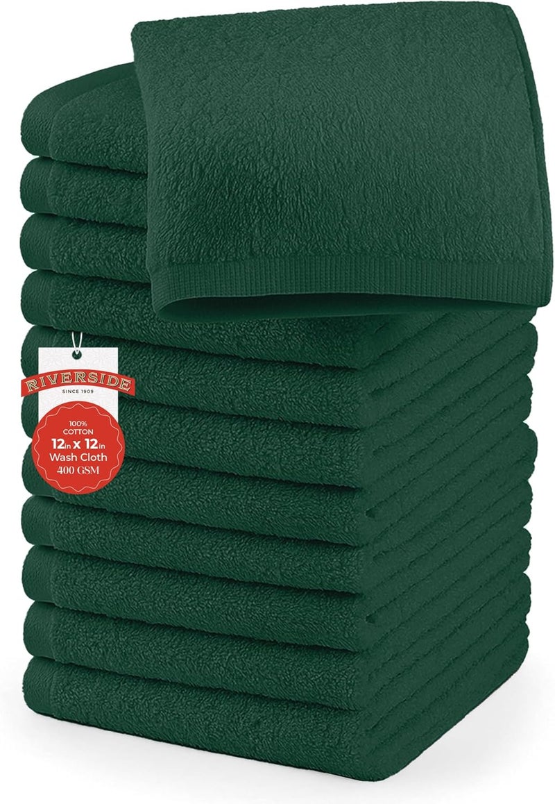 Riverside 12 Pack Washcloths - 12x12 Inches, 400 GSM, 100% Ring-Spun Cotton - Soft, Absorbent & Durable Face and Body Towels - for Bathroom, Spa, Gym, Makeup Removal & Everyday Use - Hunter Green - Image 1