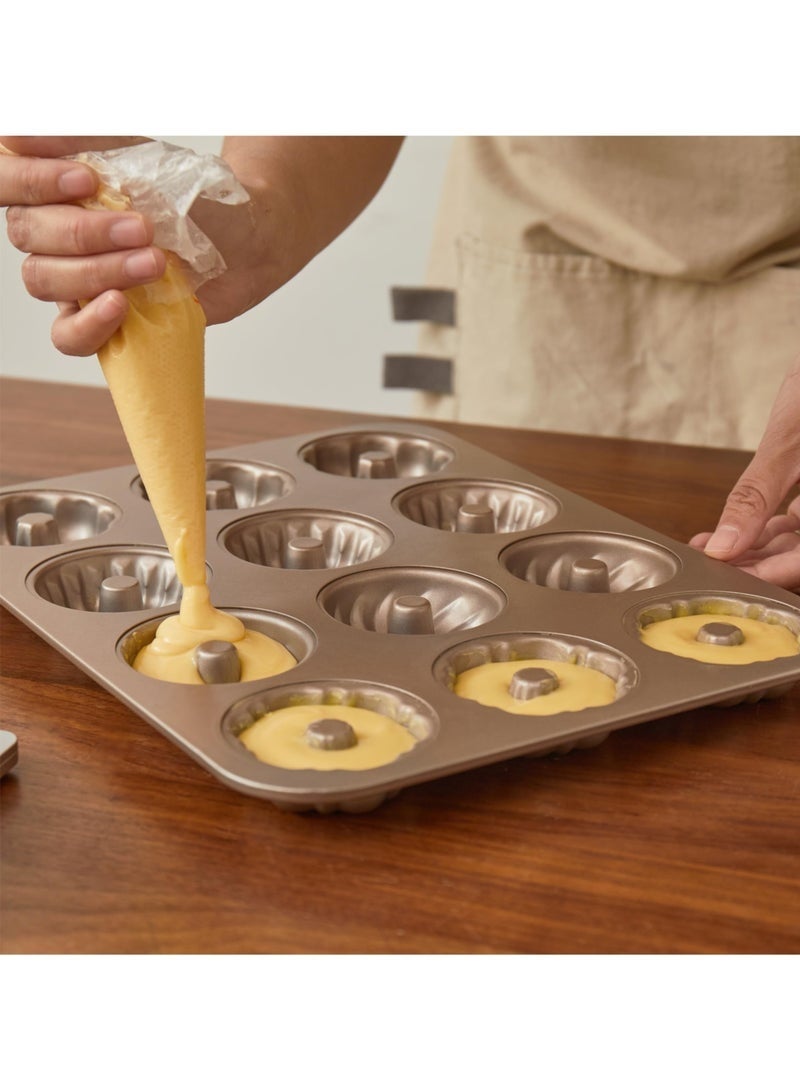 Bukela Donut Mold Cake Pan for Oven Baking, 3 * 4 Gold Cavity Non-Stick Pattern Doughnut Bakeware Tray - Image 2