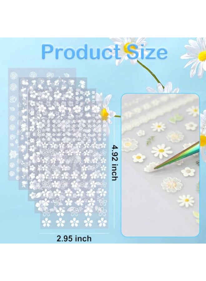SIUSIO 5 Sheets Nail Art Stickers 3D Embossed Flower Nail Decals SelfAdhesive Spring Floral Daisy Nail Supplies White Flowers Nail Stickers for Women Girls Decoration - Image 3