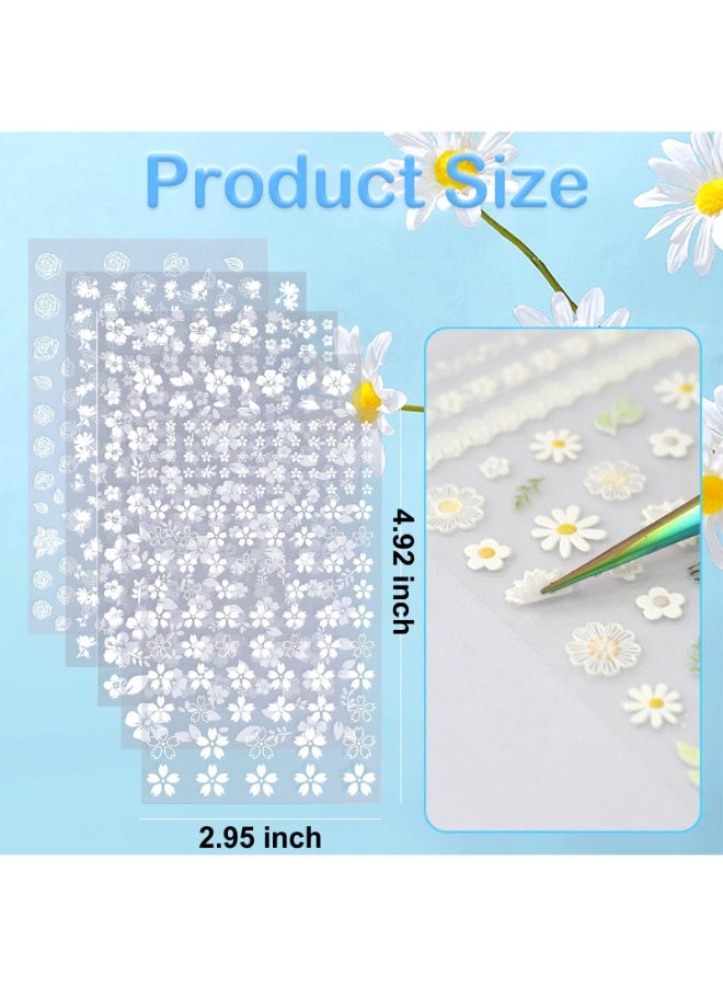 SIUSIO 5 Sheets Nail Art Stickers 3D Embossed Flower Nail Decals SelfAdhesive Spring Floral Daisy Nail Supplies White Flowers Nail Stickers for Women Girls Decoration - Image 4