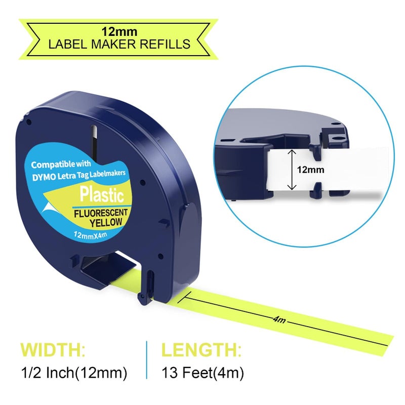 PROFICETIK 5 Pack Compatible with Dymo Letratag Refills Replacement for Dymo Label Maker Refills 12mm x 4m(1/2" x 13') Colored Plastic Label Tape for Letra Tag LT 100H 100T QX50 Handheld Label Maker Tape Refill - Image 3