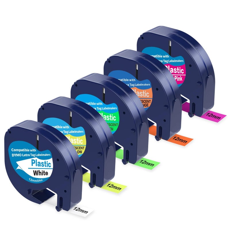 PROFICETIK 5 Pack Compatible with Dymo Letratag Refills Replacement for Dymo Label Maker Refills 12mm x 4m(1/2" x 13') Colored Plastic Label Tape for Letra Tag LT 100H 100T QX50 Handheld Label Maker Tape Refill - Image 1