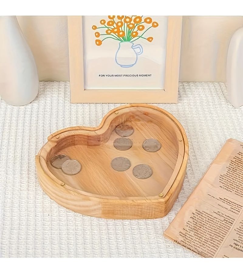 1pc Wooden Humorous Money Bank Heart Shaped Storage Box for Savings Desk Ornament Home Decor - Image 1