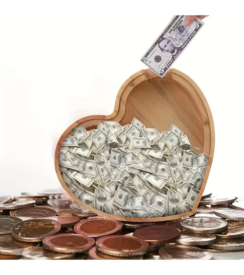 1pc Wooden Humorous Money Bank Heart Shaped Storage Box for Savings Desk Ornament Home Decor - Image 4