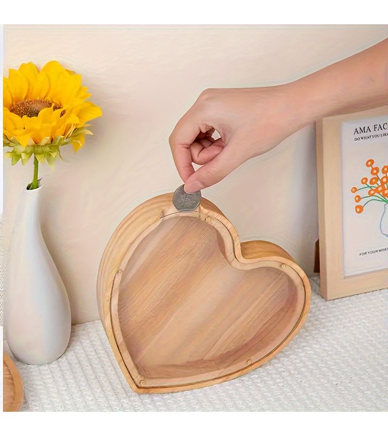 1pc Wooden Humorous Money Bank Heart Shaped Storage Box for Savings Desk Ornament Home Decor - Image 3