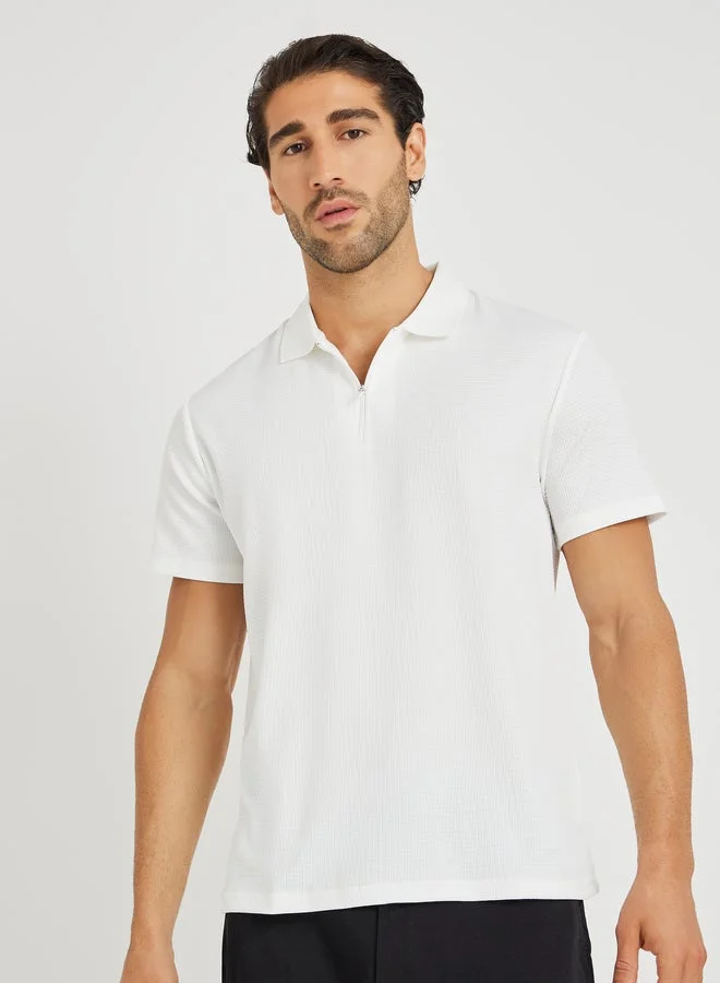 Styli Men White Textured Zip Front Relaxed Fit Polo T-Shirt