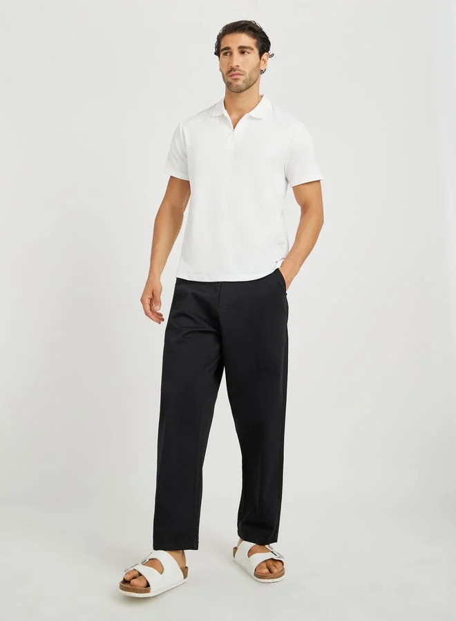 Styli Men White Textured Zip Front Relaxed Fit Polo T-Shirt