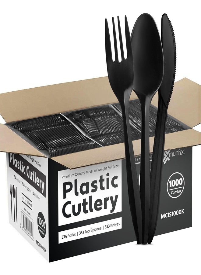 Munfix طقم أدوات المائدة السوداء الفضية 1000 قطعة، 334 شوكة، 333 ملعقة، 333 سكين، أدوات مائدة بلاستيكية قابلة للتصرف خفيفة الوزن خالية من BPA، طقم أدوات مائدة مجمعة للحفلات - Image 1