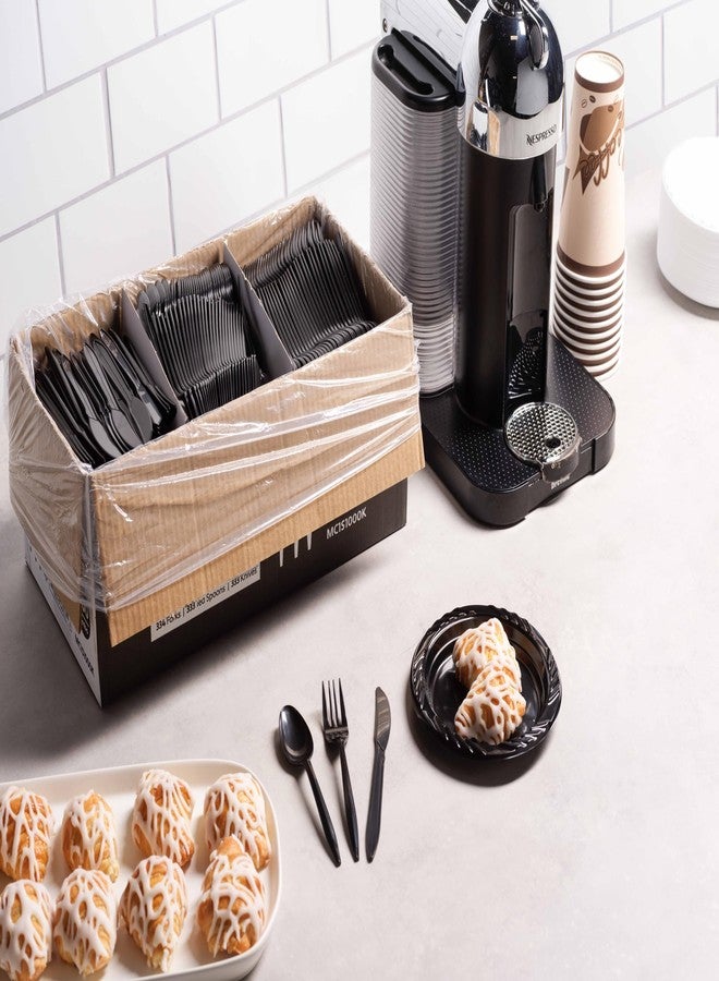 Munfix طقم أدوات المائدة السوداء الفضية 1000 قطعة، 334 شوكة، 333 ملعقة، 333 سكين، أدوات مائدة بلاستيكية قابلة للتصرف خفيفة الوزن خالية من BPA، طقم أدوات مائدة مجمعة للحفلات - Image 3