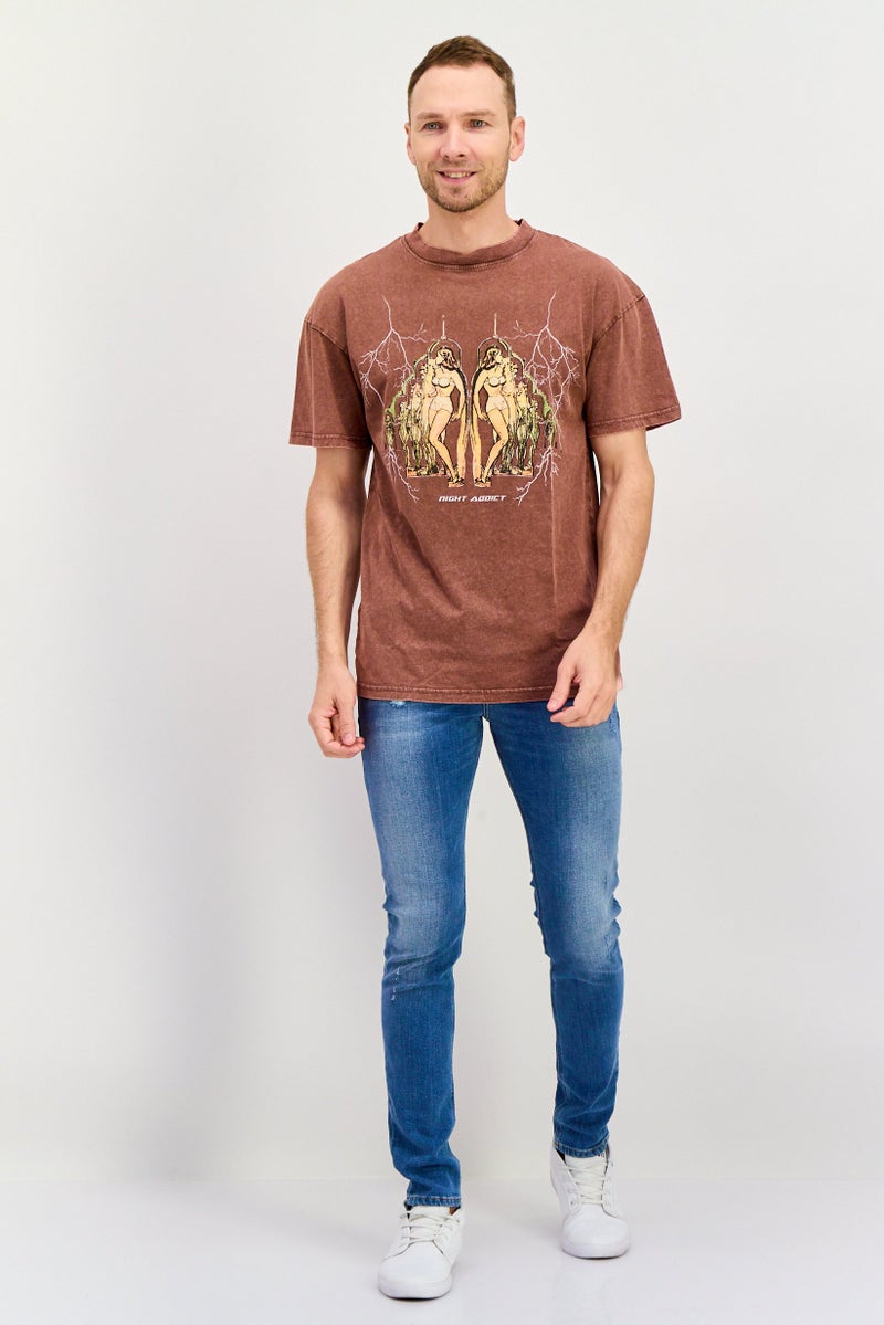 Night Addict Men Crew Neck Short Sleeve Graphic Print T Shirt, Brown - Image 3