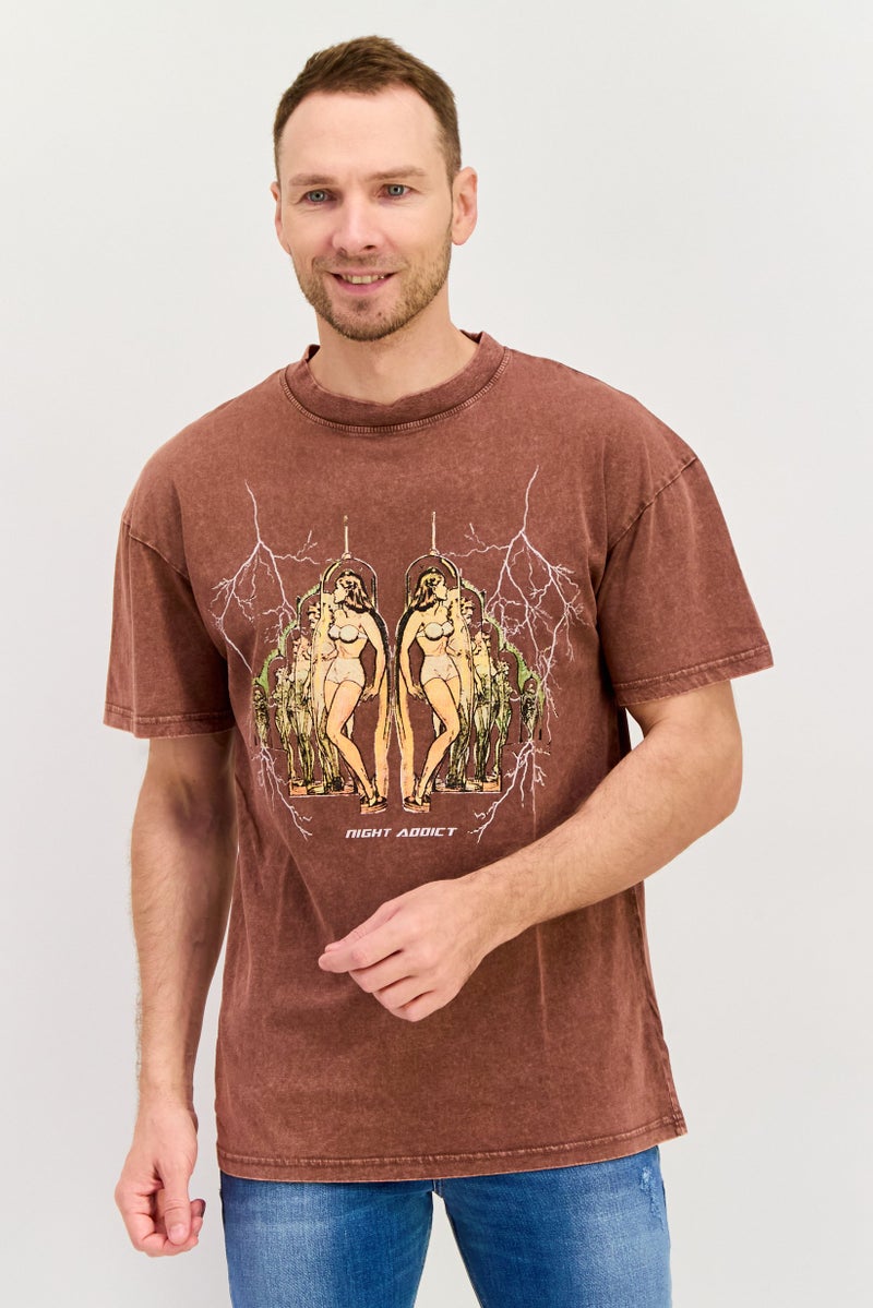 Night Addict Men Crew Neck Short Sleeve Graphic Print T Shirt, Brown - Image 1