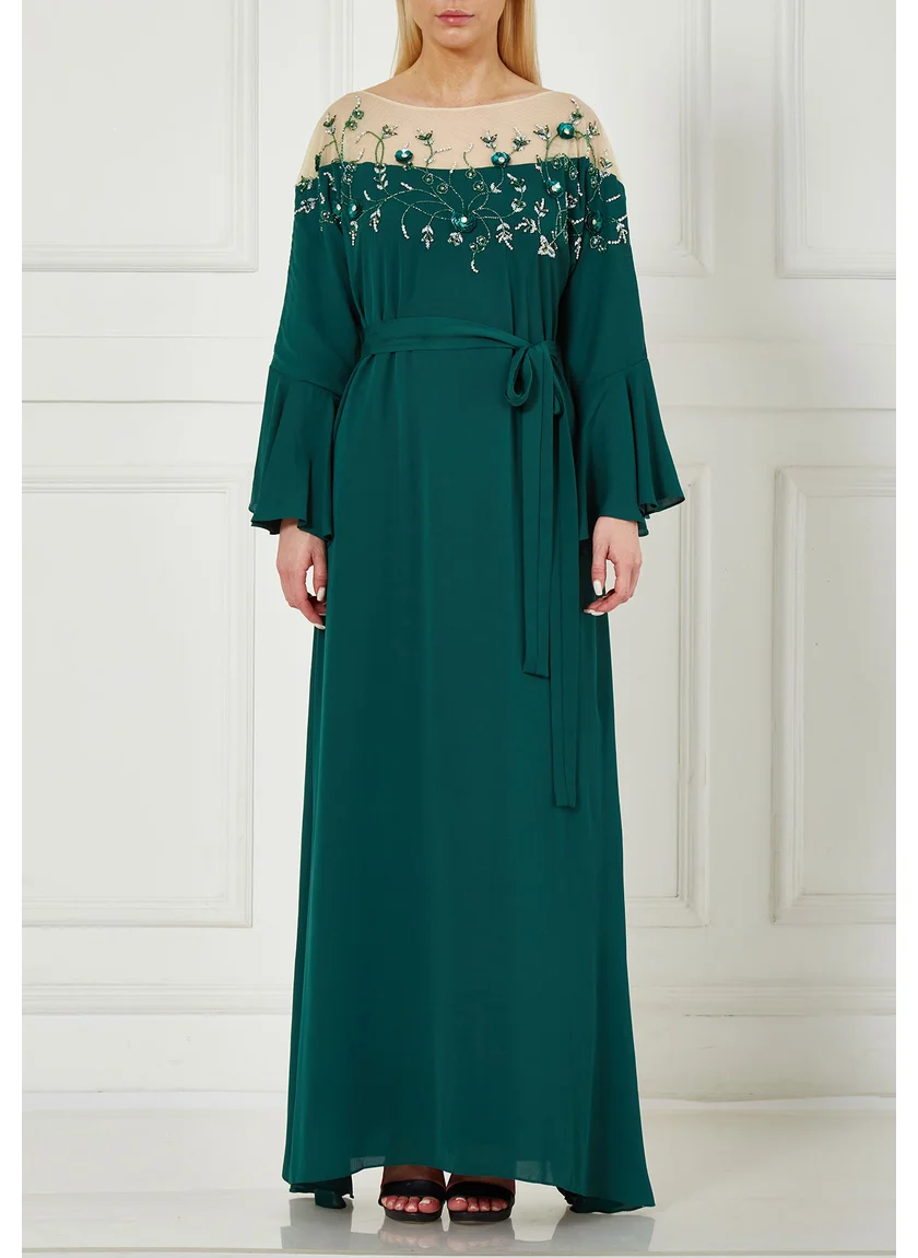 امري Chiffon Long dress With Beautiful Embroidery details And Illusion Neckline And Frilled Long Sleeves