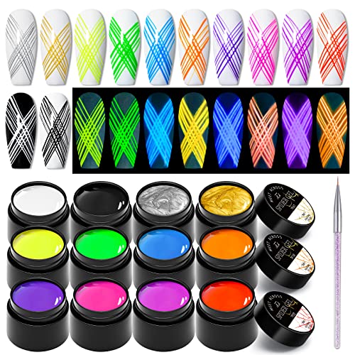 MEET ACROSS 12 Colors Luminous Spider Gel Glow In The Dark Spider Gel for Nail Art Elastic Wire Drawing Gel for Line with Brush Soak off UV LED Drawing Gel Nail Art Design Gel with Neon Fluorescent Effect - Image 1