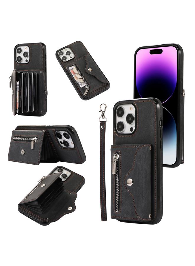 S-TOP Case For iPhone 14 Zipper RFID Card Slot Phone Case with Short Lanyard - Image 1