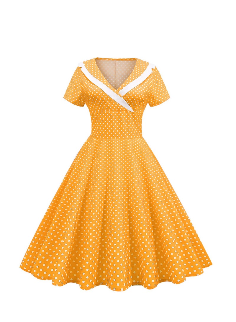 Loquat Vintage dress V-neck short sleeved polka dot large swing skirt Yellow  - Image 1