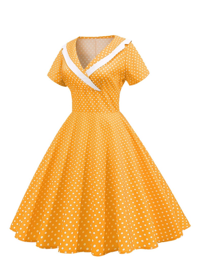 Loquat Vintage dress V-neck short sleeved polka dot large swing skirt Yellow  - Image 2