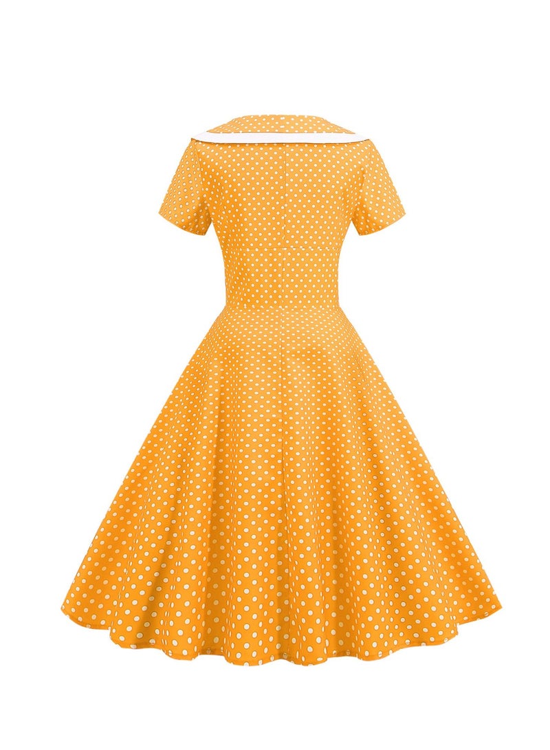 Loquat Vintage dress V-neck short sleeved polka dot large swing skirt Yellow  - Image 3