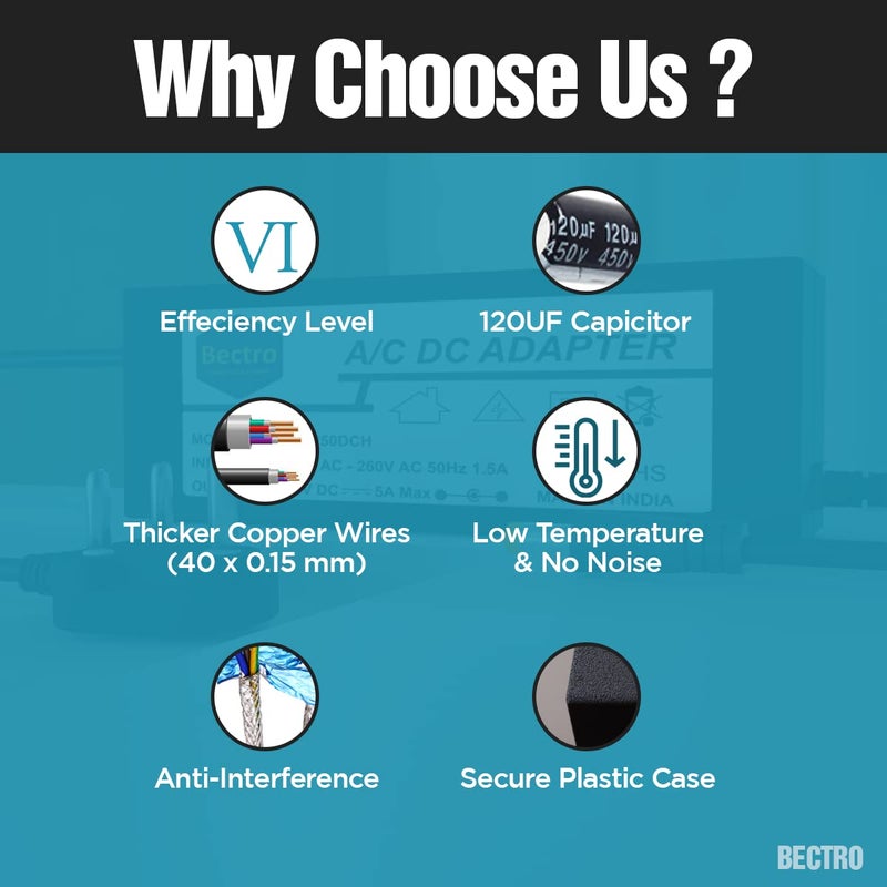 Bectro محول طاقة 12 فولت 5 أمبير 60 واط بنظام التبديل، محول من تيار متردد إلى تيار مستمر متوافق مع شاحن البطارية، كاميرات CCTV وأجهزة إلكترونية أخرى، أسود - Image 5